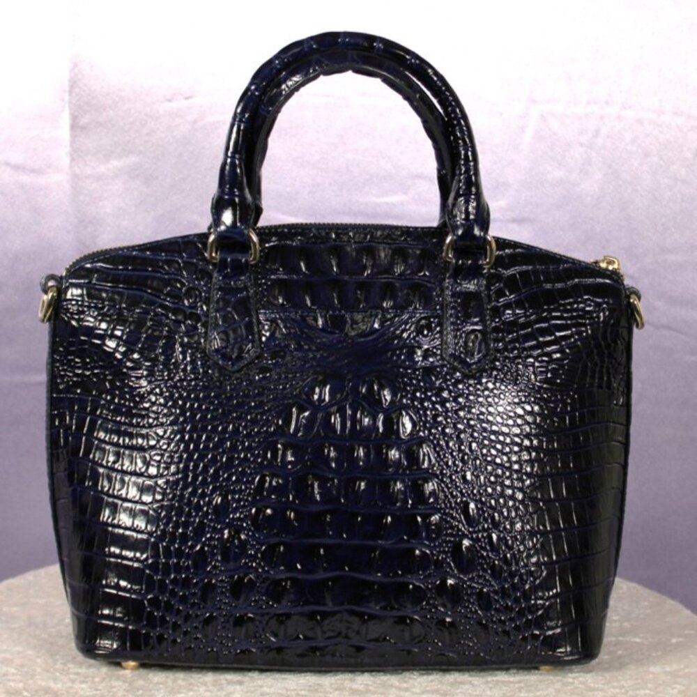 Brahmin Croc Embossed Leather Satchel Navy Melbourne Dome Bag w/ Strap & Dust Ba - Picture 3 of 16